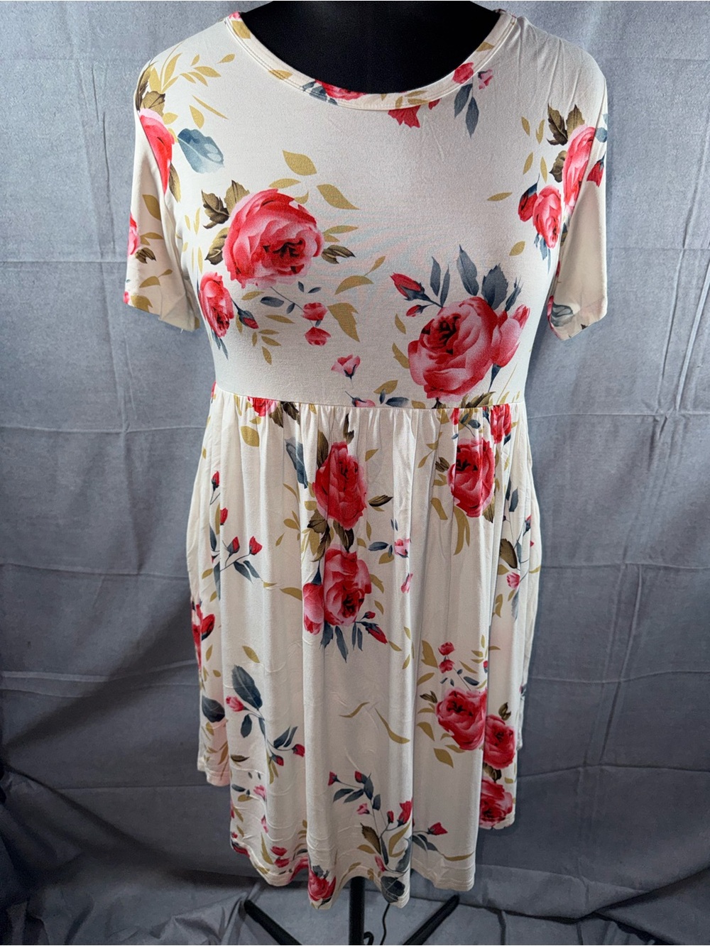 2683-Longyuan Cream Maxi Dress with Pink Rose Print-Short Sleeve Floral Sundress